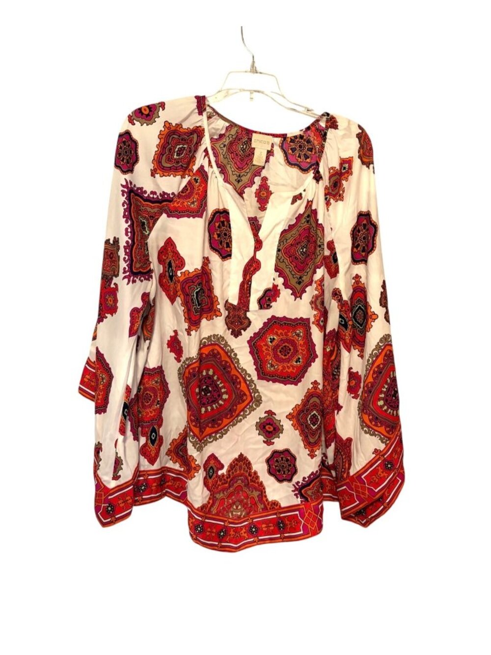 Chicos Womens Size 3 XL 3/4 Sleeve VNeck Tunic Top Shirt Blouse Handkerchief Ang
